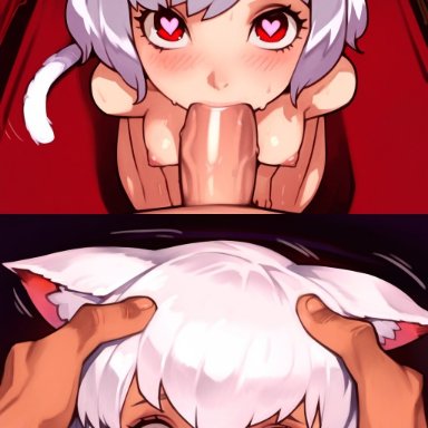 novelai, somethingweird, 1boy, 1girls, bikini, cat ears, cat tail, catgirl, cum, cum in mouth, fellatio, from above, heart-shaped pupils, holding head, light skin