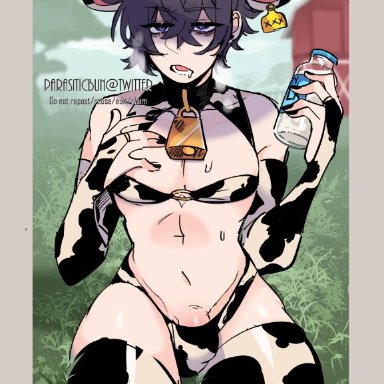 shoto, shoto (vtuber), shxtou, bulge, cow bikini, cow ears, cow horns, cow print, farm, femboy, femboy only, looking at viewer, male, male focus, male only