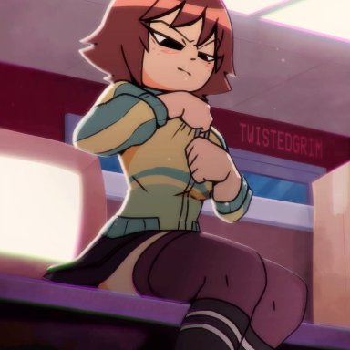 scott pilgrim, kim pine, twistedgrim, 1girls, belly, belly button, big breasts, black eyes, blush, bra, busty, cleavage, clothed, dark eyes, female