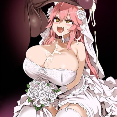 fate (series), fate/grand order, tamamo no mae (fate), yamatoai, big breasts, big dick, big penis, breasts, bride, cock shock, cum, cum on body, cum on breasts, fat man, female