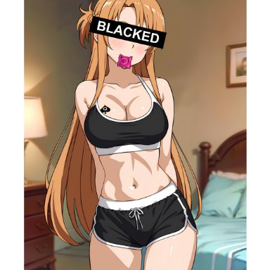 blacked, sword art online, yuuki asuna, condom, netorare, queen of spades, selfie, shorts, standing, tattoo