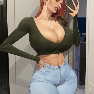one piece, snapchat, nami, saigalisk, 1girls, brown eyes, crop top, cropped legs, female only, green shirt, hand on hip, holding phone, huge breasts, indoors, jeans