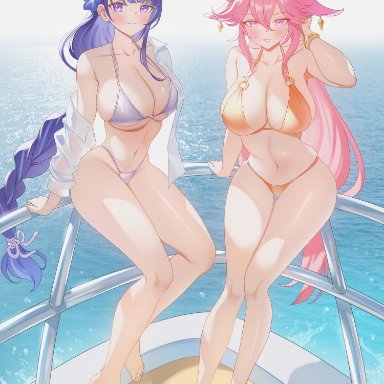 genshin impact, raiden shogun, yae miko, zzo (chorizzzzo), 2girls, bikini, blush, female, female focus, female only, fox ears, fox girl, huge breasts, kitsune, long hair