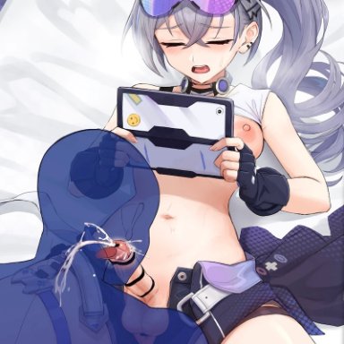 honkai: star rail, silver wolf (honkai: star rail), monowe, 1futa, areolae, balls, blowjob, breasts, breasts out, clothed, clothing, cum, cum in mouth, disembodied hand, ejaculation