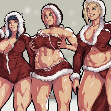 christmas, naruto, hyuuga hinata, ino yamanaka, sakura haruno, equinox006, 3girls, bare midriff, busty, christmas outfit, cleavage, female, female focus, female only, hourglass figure