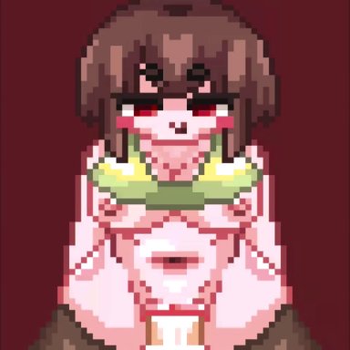 undertale, chara, frisk, vak (artist), 1boy, 1girls, ass, audible creampie, balls, blush, breasts, brown hair, closed eyes, clothed, clothed sex