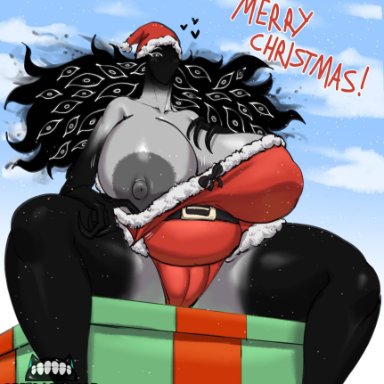 christmas, the visitor (zeblackballd), zeblackballd (artist), christmas present, curvy female, huge breasts, looking at viewer, looking down, monster girl, santa costume, thick thighs, voluptuous, voluptuous female