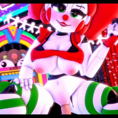 five nights at freddy's, sister location, baby (fnafsl), circus baby, circus baby (fnaf), jollyferret, animatronic, breasts, clown, clown girl, clown makeup, green eyes, green stockings, huge breasts, looking at viewer