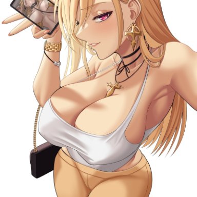 original, oeffe, 1girls, armpits, bag, bare shoulders, bed sheet, bikini, blonde hair, bracelet, breasts, choker, cleavage, collar, cross