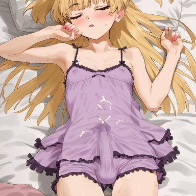 idolmaster, idolmaster cinderella girls, jougasaki rika, rika jougasaki, doseogwan, 1futa, arm up, armpit, balls, balls visible through clothing, bed, blonde hair, blush, closed eyes, clothed