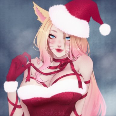 christmas, k/da all out series, league of legends, ahri, k/da all out ahri, big breasts, blonde hair, breasts, christmas outfit, female, female focus, female only, looking at viewer, pink hair, santa costume