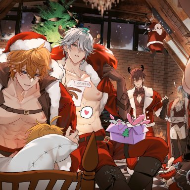 christmas, genshin impact, aether (genshin impact), alhaitham (genshin impact), childe (genshin impact), neuvillette (genshin impact), tartaglia (genshin impact), wriothesley (genshin impact), zhongli (genshin impact), pnk crow, abs, big bulge, bulge, chest, christmas clothing