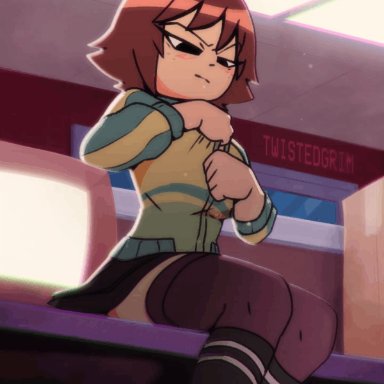 scott pilgrim, kim pine, twistedgrim, 1girls, belly, belly button, big breasts, black eyes, blush, bra, busty, cleavage, clothed, dark eyes, female