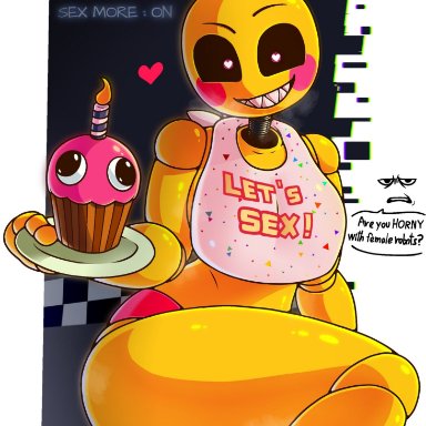 five nights at freddy's, five nights at freddy's 2, chica (fnaf), toy chica (fnaf), wachijewelry08, animatronic, bib, black eyes, chicken, chicken girl, cupcake, leg up, let's sex, looking at viewer, robot