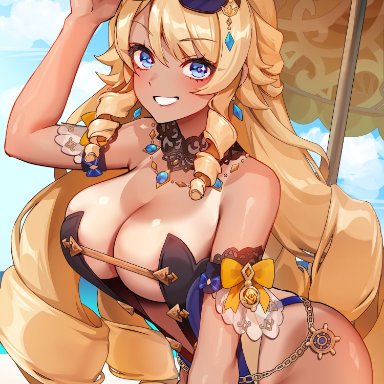 genshin impact, navia (genshin impact), foxyrain (foxyreine), foxyreine, 1girls, blonde hair, blue eyes, breasts, female, foxyrain, huge breasts, light skin, light-skinned female, long hair, swimsuit