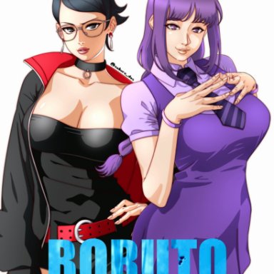 boruto: naruto next generations, boruto: two blue vortex, naruto, naruto (series), kakei sumire, sarada uchiha, saburo des, 2girls, aged up, bare legs, bare thighs, belt, big breasts, black eyes, black hair