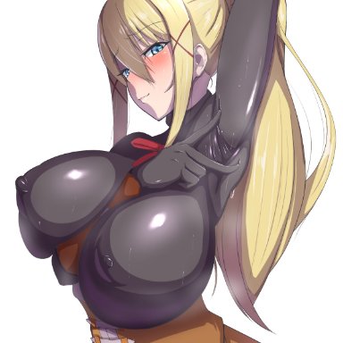 darkness (konosuba), men teru, arm between breasts, arm up, armpits, between breasts, black bodysuit, blonde hair, blue eyes, blush, bodysuit, braid, breasts, covered armpit, covered nipples