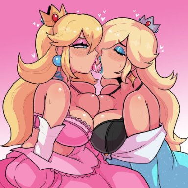 mario (series), nintendo, princess peach, princess rosalina, loggus doggus, 2girls, black bra, blonde hair, blush, bra, crown, dress, drool, drooling, female