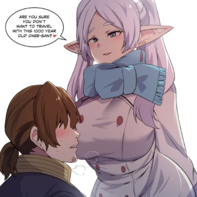 sousou no frieren, frieren, sein, hinghoi, 1male, alternate breast size, aroused, big breasts, blush, clothed, elf, elf ears, elf female, imminent sex, large breasts