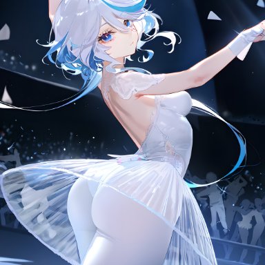 genshin impact, furina (genshin impact), alternate costume, ass, bare shoulders, blue eyes, blue hair, breasts, dress, female, from behind, gloves, ice skating, long hair, looking at viewer