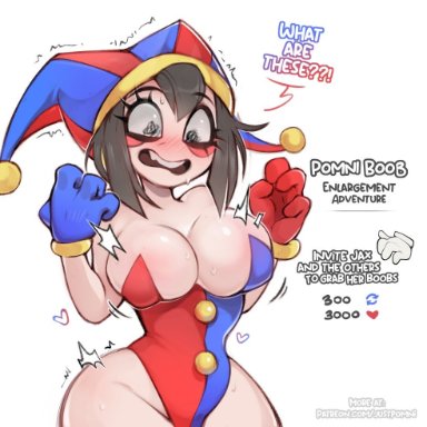 the amazing digital circus, twitter, pomni, justpomni, ass, big ass, big breasts, big thighs, blush, breasts, brown hair, female, gloves, hourglass figure, jester