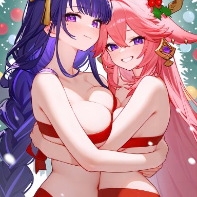 genshin impact, raiden shogun, yae miko, 2girls, blush, breasts, female, female only, hug, large breasts, nude, nude female, pink hair, purple hair, smile