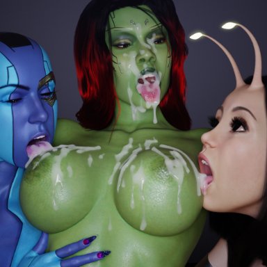 guardians of the galaxy, guardians of the galaxy vol.3, marvel, marvel cinematic universe, marvel comics, gamora, mantis (marvel), nebula (marvel), batesz, 3girls, black hair, blue skin, breasts, cum on breasts, female