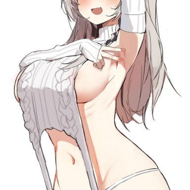 hololive, hololive japan, holox, sakamata chloe, orobou, 1girls, armpit, belly button, blush, breasts, detached sleeves, eyebrows visible through hair, female, female only, grey hair