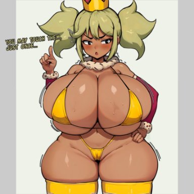 brawl stars, mandy (brawl stars), monochrome ai, big breasts, black skin, blonde hair, bra, breasts, crown, female, huge breasts, thick ass, thick thighs, ai generated, text