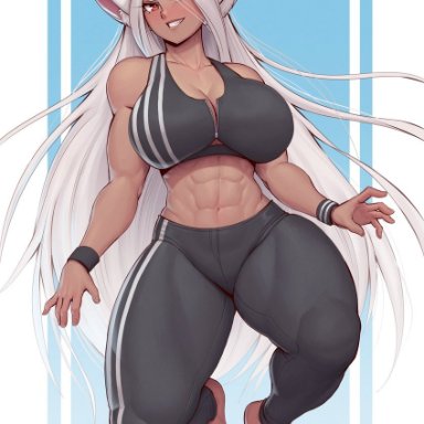 my hero academia, miruko, rumi usagiyama, speedl00ver, 1girls, abs, athletic female, big breasts, blush, bunny ears, bunny girl, clothed, clothing, dark-skinned female, feet