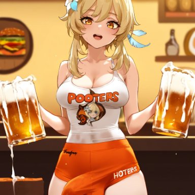 genshin impact, hooters, lumine (genshin impact), doseogwan, alcohol, balls, beer, beer mug, blonde hair, breasts, bulge, bulge through clothing, clothed, crop top, cum