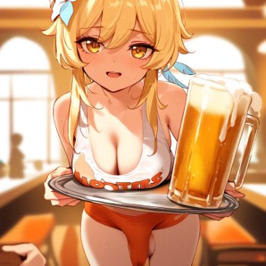 genshin impact, lumine (genshin impact), doseogwan, beer, blonde hair, bulge, bulge through clothing, cum, cum through clothes, cumdrip, ejaculation, erection, erection under clothes, futa only, futanari