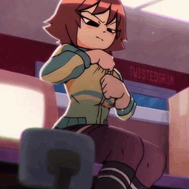 scott pilgrim, kim pine, twistedgrim, 1girls, belly, belly button, big breasts, black eyes, blush, bra, busty, cleavage, clothed, dark eyes, female