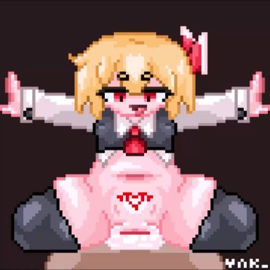touhou, rumia, vak (artist), 1boy, 1girls, arms stretched, ass, audible creampie, balls, blonde hair, blush, bouncing breasts, breasts, closed eyes, clothed