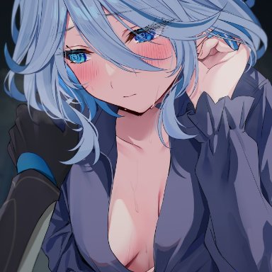 genshin impact, aether (genshin impact), furina (genshin impact), hizuki higure, 1boy, 1girls, blue eyes, blue hair, blush, breasts, female, female focus, hand on shoulder, inviting, looking away