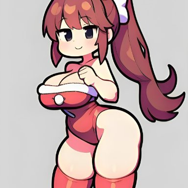 christmas, doki doki literature club, fnf (doki doki takeover), friday night funkin, friday night funkin mod, pixai, big breasts, black eyes, bow in hair, christmas outfit, coral brown hair, looking at viewer, ponytail, red thighhighs, simple background