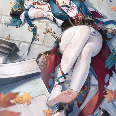 honkai (series), honkai: star rail, hoyoverse, mihoyo, xueyi (honkai: star rail), hle, le (huanglongen), arms up, blue nail polish, blue nails, blue toenails, brown hair, covered heel, feet, feet in stockings