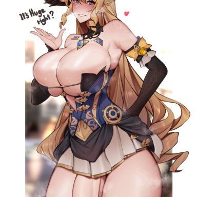 genshin impact, navia (genshin impact), unbeller, 1futa, balls, ballsack, barely visible balls, blonde hair, blue eyes, breasts, foreskin, futa only, futanari, hat, hips