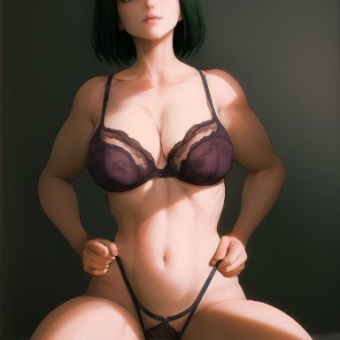 one-punch man, fubuki (one-punch man), flowerxl, 1girls, bed, big breasts, bra, female, female focus, female only, green eyes, green hair, large breasts, light-skinned female, lingerie