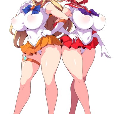 bishoujo senshi sailor moon, nintendo, xenoblade (series), xenoblade chronicles 2, mythra, pyra, sailor mars (cosplay), sailor venus (cosplay), konno tohiro, 2girls, blonde hair, breasts, cosplay, female, gold eyes