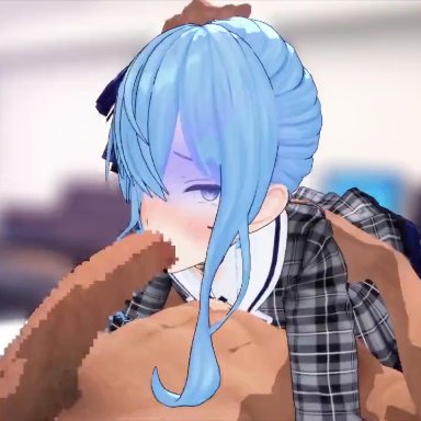 hololive, hololive japan, hoshimachi suisei, suzutaro3d, 1boy, 1girls, 69, blowjob, blue eyes, blue hair, clothing, deepthroat, fellatio, gagging, gloom (expression)