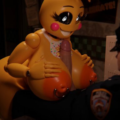 five nights at freddy's, five nights at freddy's 2, lovetaste chica, toy chica (fnaf), toy chica (love taste), feversfm, 1boy, 1girls, animatronic, female, furry, male, paizuri, security guard, 3d