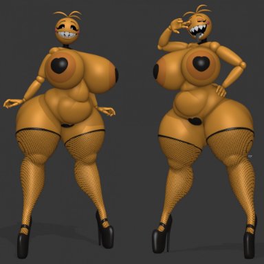 five nights at freddy's, five nights at freddy's 2, scottgames, toy chica (fnaf), cyanu, animatronic, anthro, areola, avian, bedroom eyes, big breasts, bird, black sclera, blush, blush stickers