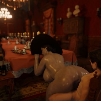 resident evil, alcina dimitrescu, suntai, 1boy, 1girls, big ass, bouncing breasts, cellulite, clapping ass, clapping cheeks, completely nude, completely nude female, dark hair, fat ass, female