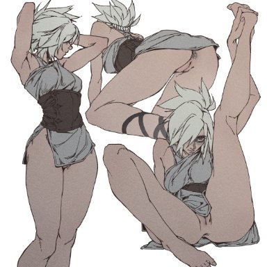 league of legends, riven, taperess, 1girls, anus, ass, bent over, no panties, pussy, spread legs, upskirt, white background, white hair