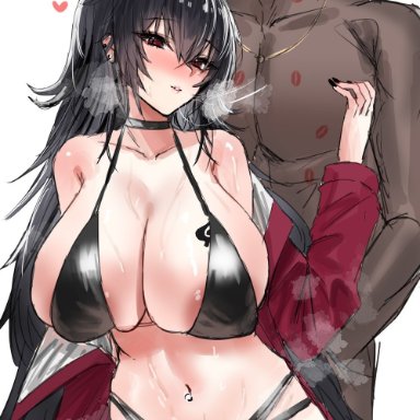 azur lane, taihou (azur lane), horn/wood, 1boy, 1boy1girl, 1girls, bikini, black bikini, black hair, blush, dark skin, dark-skinned male, groping, heart, huge breasts