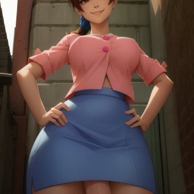 pokemon, delia ketchum (pokemon), flordulce, balls, blue skirt, brown eyes, brown hair, from below, futanari, hands on hips, milf, outdoors, penis, penis peek, penis under skirt