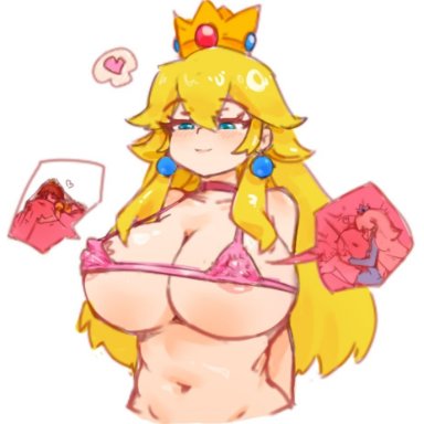 mario (series), nintendo, princess daisy, princess peach, princess rosalina, zoey mini, 3girls, blonde hair, blue eyes, breasts, choker, cleavage, crown, earrings, erect nipples