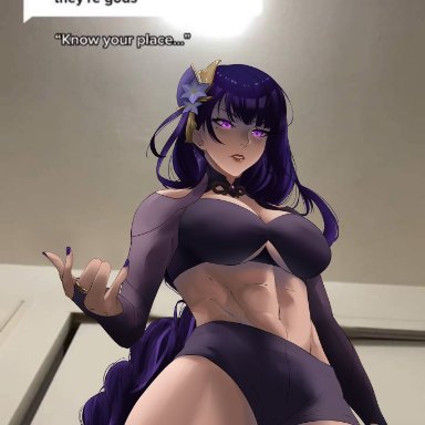 genshin impact, raiden shogun, gloxuba, 1girls, abs, big breasts, female, female only, femdom, looking at viewer, pov, solo, taker pov, thick thighs, know your place