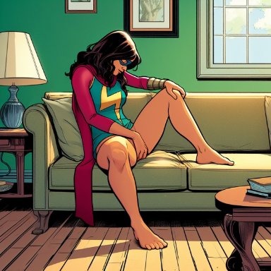 marvel, marvel comics, kamala khan, ms. marvel, 1girls, book, books, bottomless, bracelet, brown hair, brown skin, costume, couch, eyemask, fingering